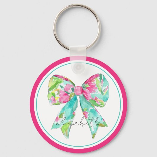 ピンク名門私立校風のとグリーンの弓パーソナライズされた キーホルダー (正面)