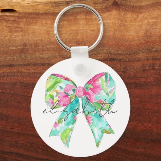 ピンク名門私立校風のとグリーンの弓パーソナライズされた キーホルダー (正面)