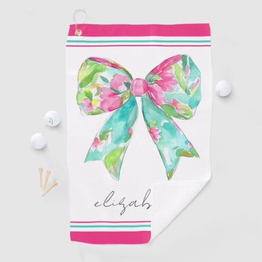 ピンク名門私立校風のとグリーンの弓パーソナライズされた ゴルフタオル (インサイチュ)