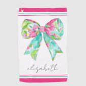 ピンク名門私立校風のとグリーンの弓パーソナライズされた ゴルフタオル (正面)