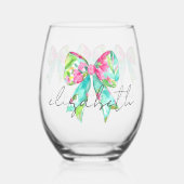 ピンク名門私立校風のとグリーンの弓パーソナライズされた ステムなしワイングラス (正面)