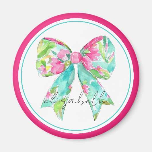 ピンク名門私立校風のとグリーンの弓パーソナライズされた マグネット (正面)