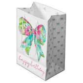 ピンク名門私立校風のとグリーンの弓パーソナライズされた ミディアムペーパーバッグ (正面アングル)