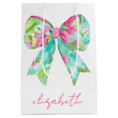 ピンク名門私立校風のとグリーンの弓パーソナライズされた ミディアムペーパーバッグ (裏面)