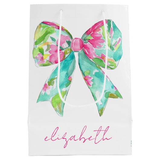 ピンク名門私立校風のとグリーンの弓パーソナライズされた ミディアムペーパーバッグ (裏面)