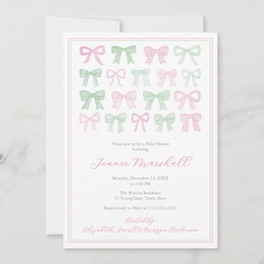 ピンク名門私立校風のとグリーンの弓ベビーガールシャワー 招待状 (正面)