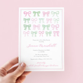 ピンク名門私立校風のとグリーンの弓ベビーガールシャワー 招待状