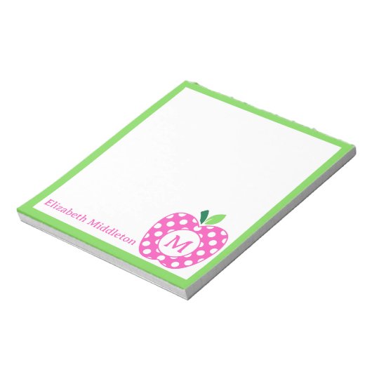 ピンク名門私立校風のとグリーン水玉模様アップルモノグラム ノートパッド (回転)