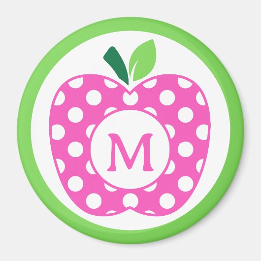 ピンク名門私立校風のとグリーン水玉模様アップルモノグラム マグネット (正面)
