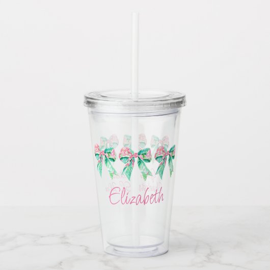 ピンク名門私立校風のとターコイズのフローラ弓パーソナライズされた アクリルタンブラー (正面)