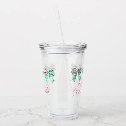 ピンク名門私立校風のとターコイズのフローラ弓パーソナライズされた アクリルタンブラー (左)