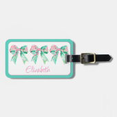 ピンク名門私立校風のとターコイズのフローラ弓パーソナライズされた ラゲッジタグ (正面横)