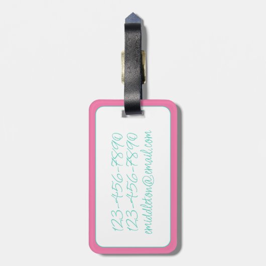 ピンク名門私立校風のとターコイズのフローラ弓パーソナライズされた ラゲッジタグ (裏面縦)