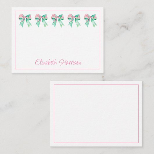 ピンク名門私立校風のとターコイズのフローラ弓 ノートカード (正面/裏面)