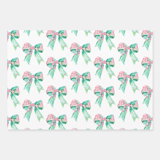 ピンク名門私立校風のとターコイズのフローラ弓 ラッピングペーパーシート (正面)