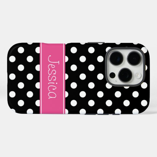 ピンク名門私立校風のとブラックの水玉模様パーソナライズされた Case-Mate iPhoneケース (裏面 (横))