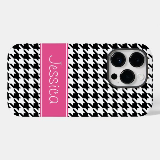 ピンク名門私立校風のとブラック千鳥格子のパーソナライズされた Case-Mate iPhoneケース (裏面 (横))