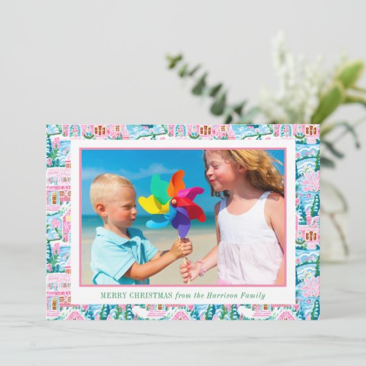 ピンク名門私立校風のとブルーのクリスマスビレッジの写真 シーズンカード (スタンド正面)