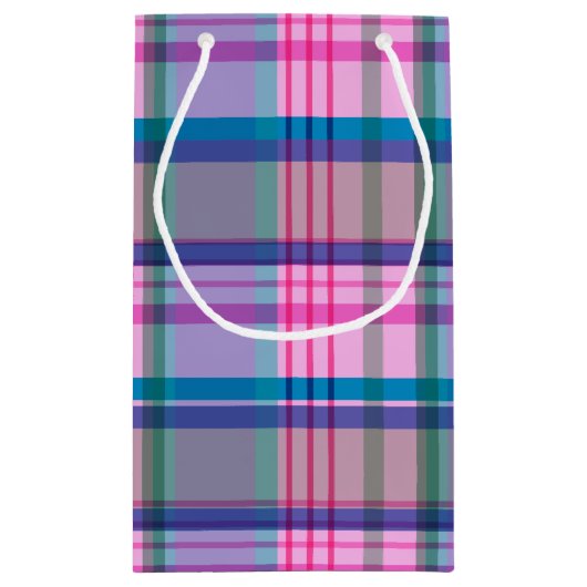 ピンク名門私立校風のとブルーの可愛いレトロ格子模様 スモールペーパーバッグ (裏面)