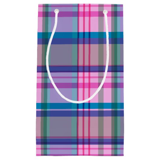 ピンク名門私立校風のとブルーの可愛いレトロ格子模様 スモールペーパーバッグ (正面)