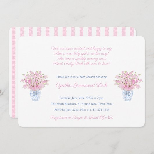 ピンク名門私立校風のとブルーの小さな女の子ベビーシャワーパーティー 招待状 (正面/裏面)