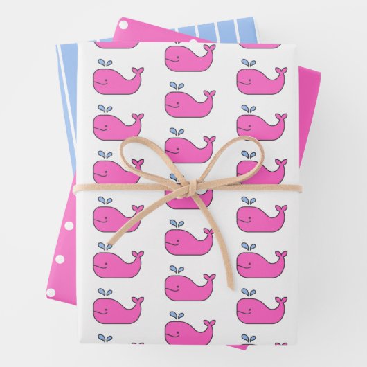 ピンク名門私立校風のとブルークジラの水玉模様とストライプ ラッピングペーパーシート (インサイチュ)