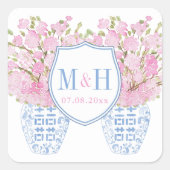ピンク名門私立校風のとブルー結婚のモノグラムの紋章 スクエアシール (正面)
