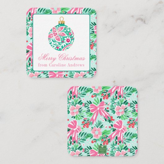 ピンク名門私立校風のと緑のクリスマスオーナメントエンクロージャ ノートカード (正面/裏面)