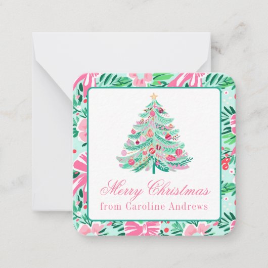 ピンク名門私立校風のと緑のクリスマスツリーのギフトエンクロージャ ノートカード (正面)