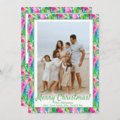 ピンク名門私立校風のと緑のクリスマスツリーカスタム写真 シーズンカード (正面/裏面)