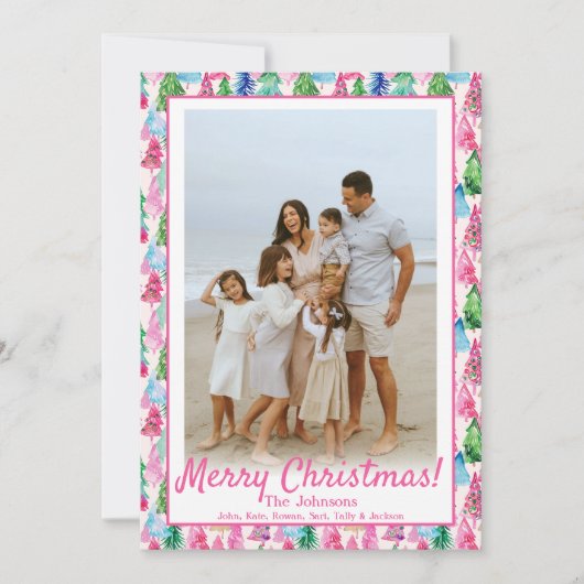 ピンク名門私立校風のと緑のクリスマスツリーカスタム写真 シーズンカード (正面)