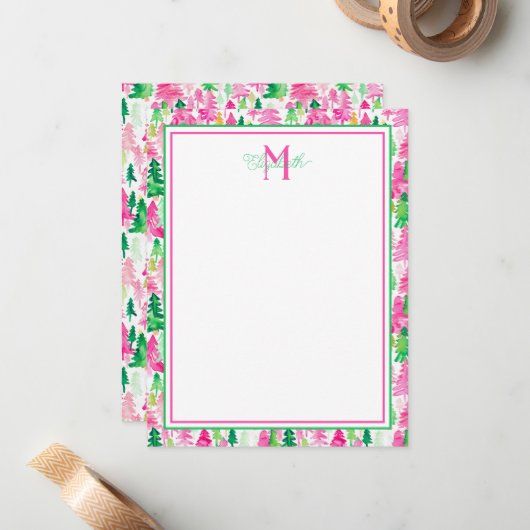 ピンク名門私立校風のと緑のクリスマスツリーズモノグラム ノートカード (正面/裏面インサイチュ)