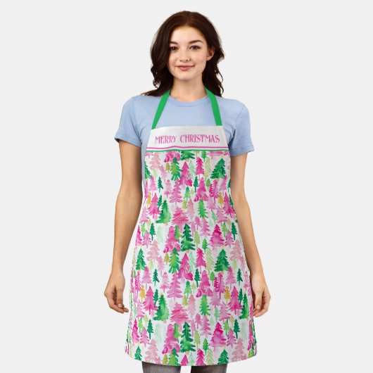 ピンク名門私立校風のと緑のクリスマスツリーパーソナライズされた エプロン (着用した状態)