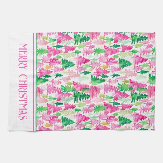 ピンク名門私立校風のと緑のクリスマスツリーパーソナライズされた キッチンタオル (横)