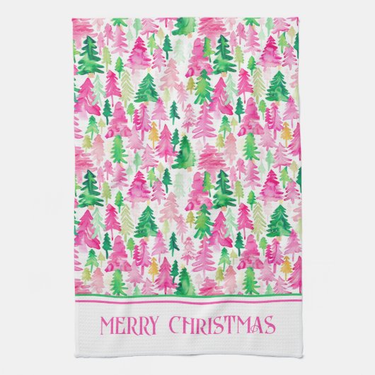 ピンク名門私立校風のと緑のクリスマスツリーパーソナライズされた キッチンタオル (縦)