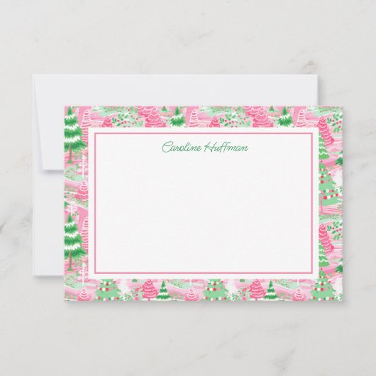 ピンク名門私立校風のと緑のクリスマスツリーパーソナライズされた サンキューカード (正面)