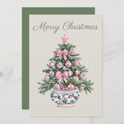 ピンク名門私立校風のと緑のクリスマスツリー シーズンカード (正面/裏面)