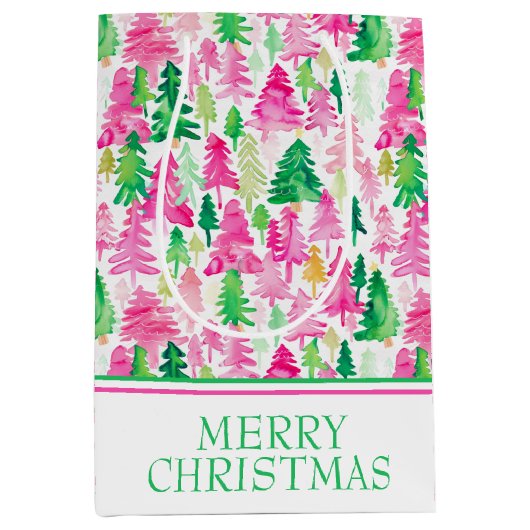 ピンク名門私立校風のと緑のクリスマスツリー ミディアムペーパーバッグ (正面)