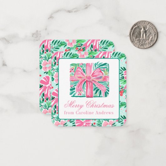 ピンク名門私立校風のと緑のクリスマスプレゼントの囲い ノートカード (正面/裏面インサイチュ)