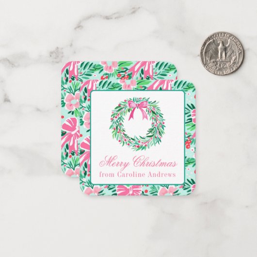 ピンク名門私立校風のと緑のクリスマスリースエンクロージャ ノートカード (正面/裏面インサイチュ)