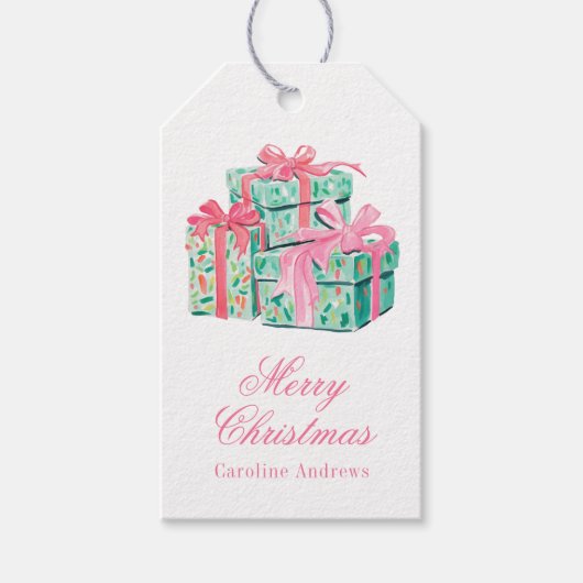 ピンク名門私立校風のと緑のクリスマス包まれたプレゼント ギフトタグ (正面)