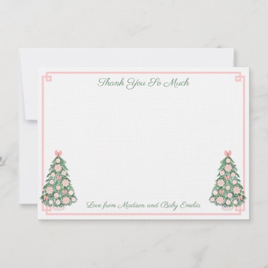 ピンク名門私立校風のと緑のクリスマス新生児写真 サンキューカード (正面)