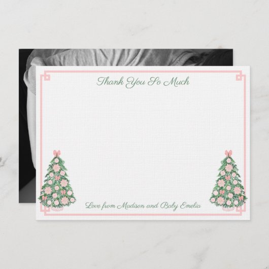 ピンク名門私立校風のと緑のクリスマス新生児写真 サンキューカード (正面/裏面)