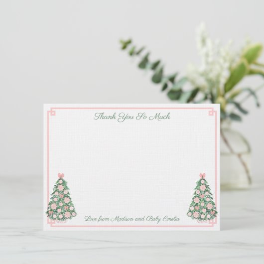 ピンク名門私立校風のと緑のクリスマス新生児写真 サンキューカード (スタンド正面)
