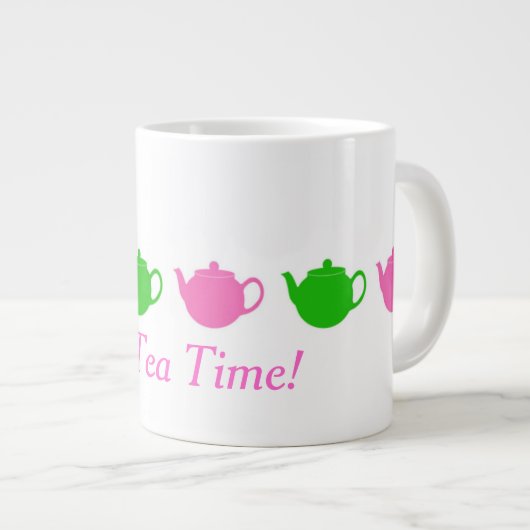 ピンク名門私立校風のと緑のティーポット ジャンボコーヒーマグカップ (正面右)