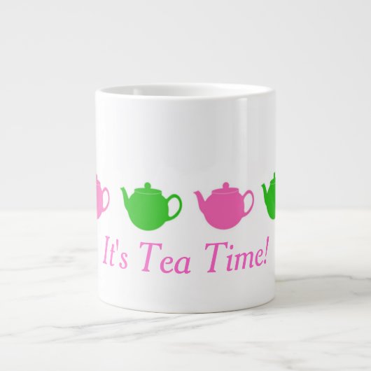 ピンク名門私立校風のと緑のティーポット ジャンボコーヒーマグカップ (正面)