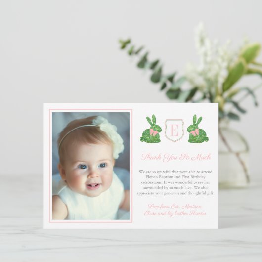 ピンク名門私立校風のと緑のボクウッドバニーのバプテスマ写真 サンキューカード (スタンド正面)