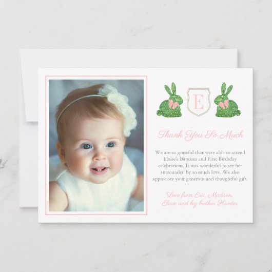 ピンク名門私立校風のと緑のボクウッドバニーのバプテスマ写真 サンキューカード (正面)