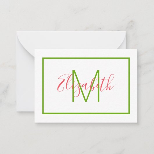 ピンク名門私立校風のと緑のモノグラム ノートカード (正面)