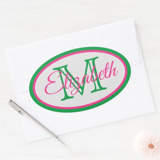 ピンク名門私立校風のと緑のモノグラム 楕円形シール (封筒)